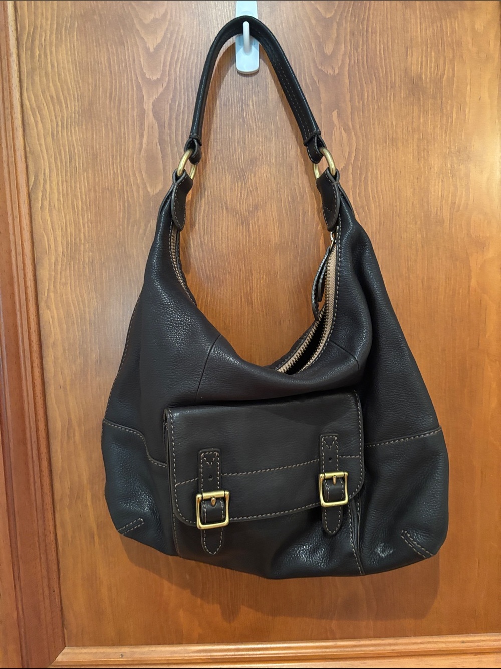 Fossil Black Pebbled Leather Hobo with Front Buckle Pocket